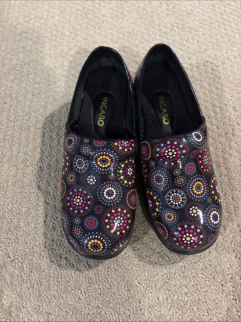INGARÓ Black Slip-On Flats with Multicolor Dot Mandala Pattern